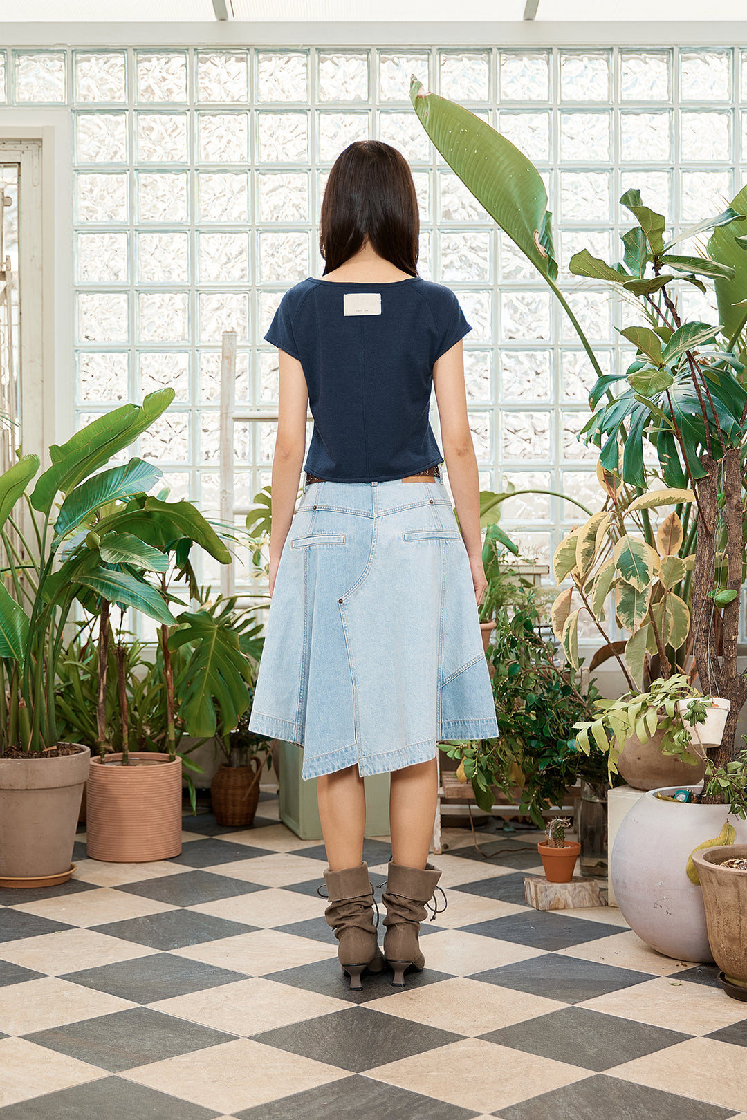 Matin Kim Denim Mixed Flare Skirt — Light Blue