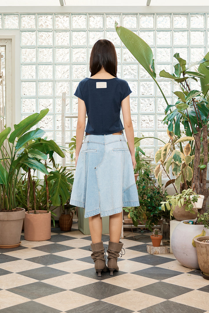 Matin Kim Denim Mixed Flare Skirt — Light Blue