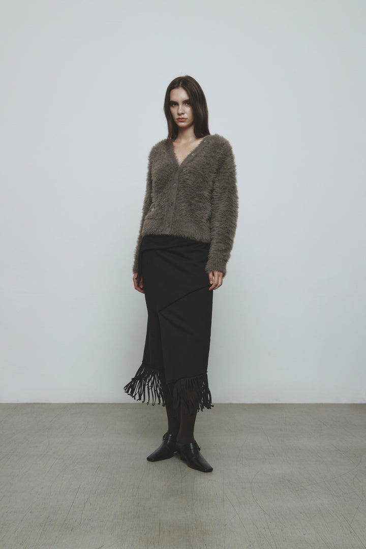 KIMMATIN Fringe Jersey Midi Skirt — Black
