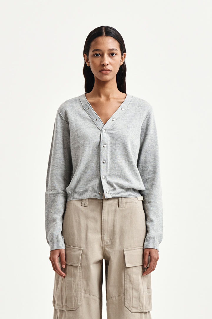 Matin Kim Back Logo Snap Button Cardigan — Gray