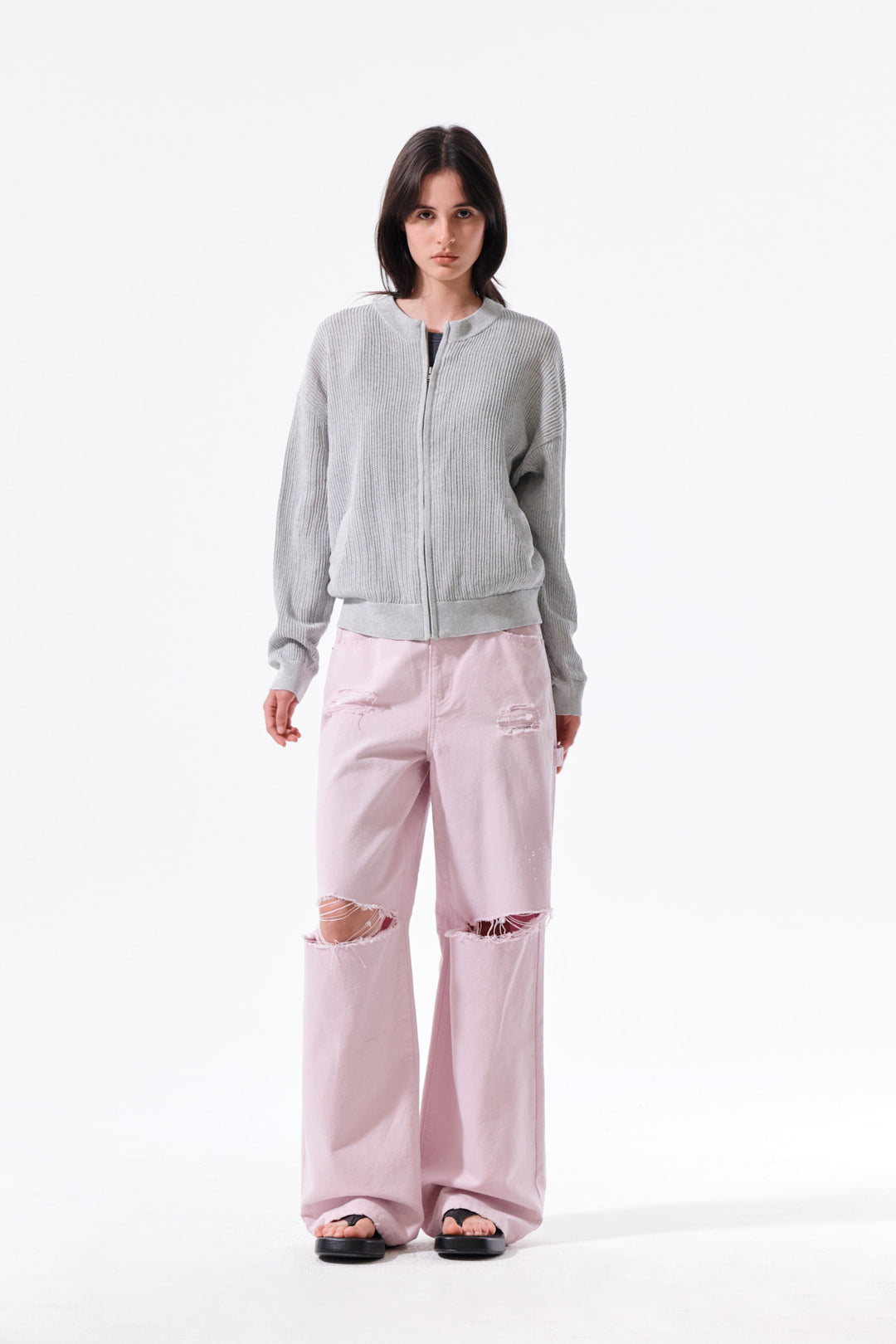 Matin Kim Back Logo Jacquard Mesh Knit Zip — Light Grey