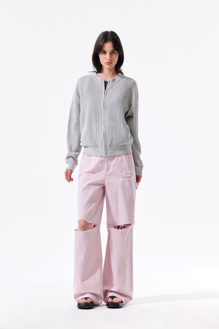 Matin Kim Back Logo Jacquard Mesh Knit Zip — Light Grey