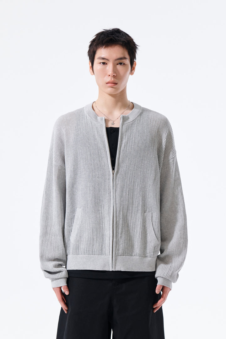 Matin Kim Back Logo Jacquard Mesh Knit Zip — Light Grey
