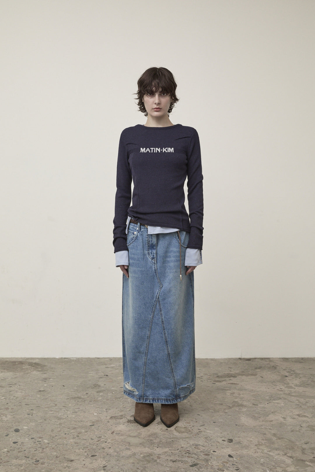 Matin Kim Damage Point Long Denim Skirt — Blue