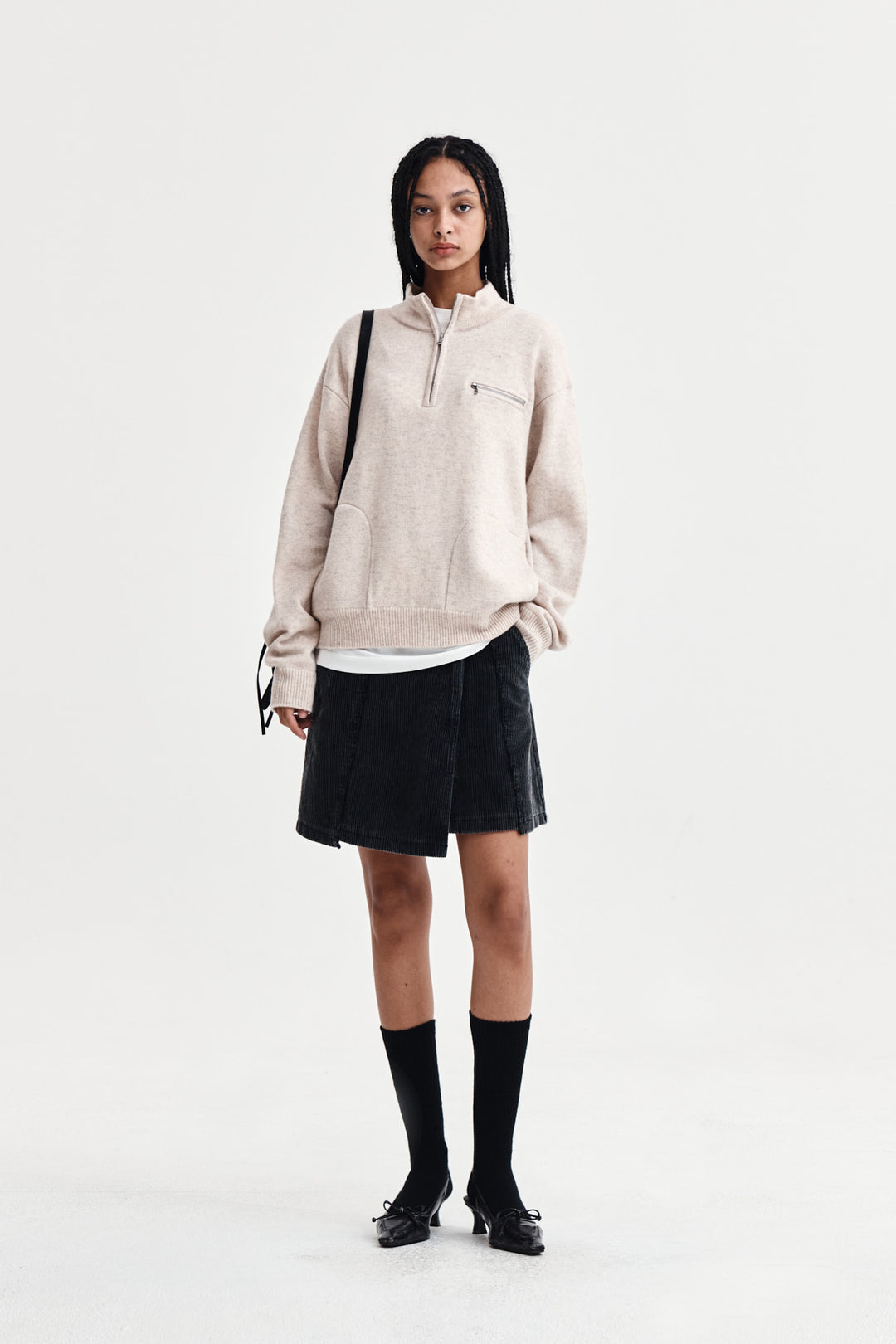 Matin Kim Back Logo Half Knit Zip Pullover — Beige
