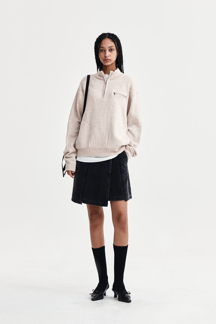 Matin Kim Back Logo Half Knit Zip Pullover — Beige