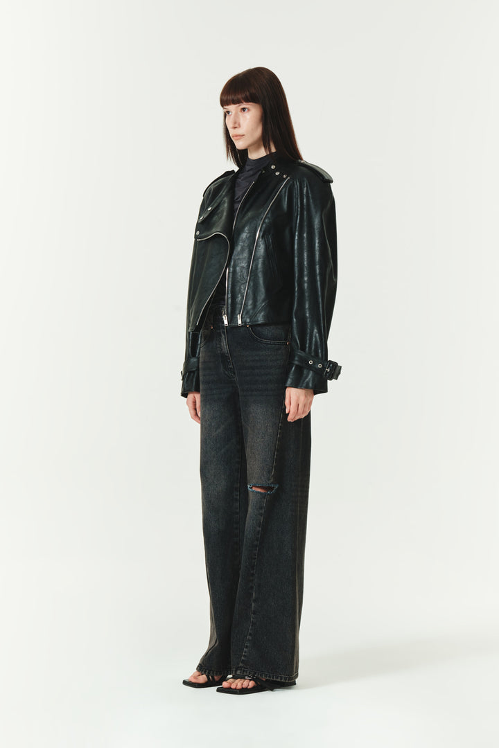 KIMMATIN Raglan Crop Leather Jumper — Black