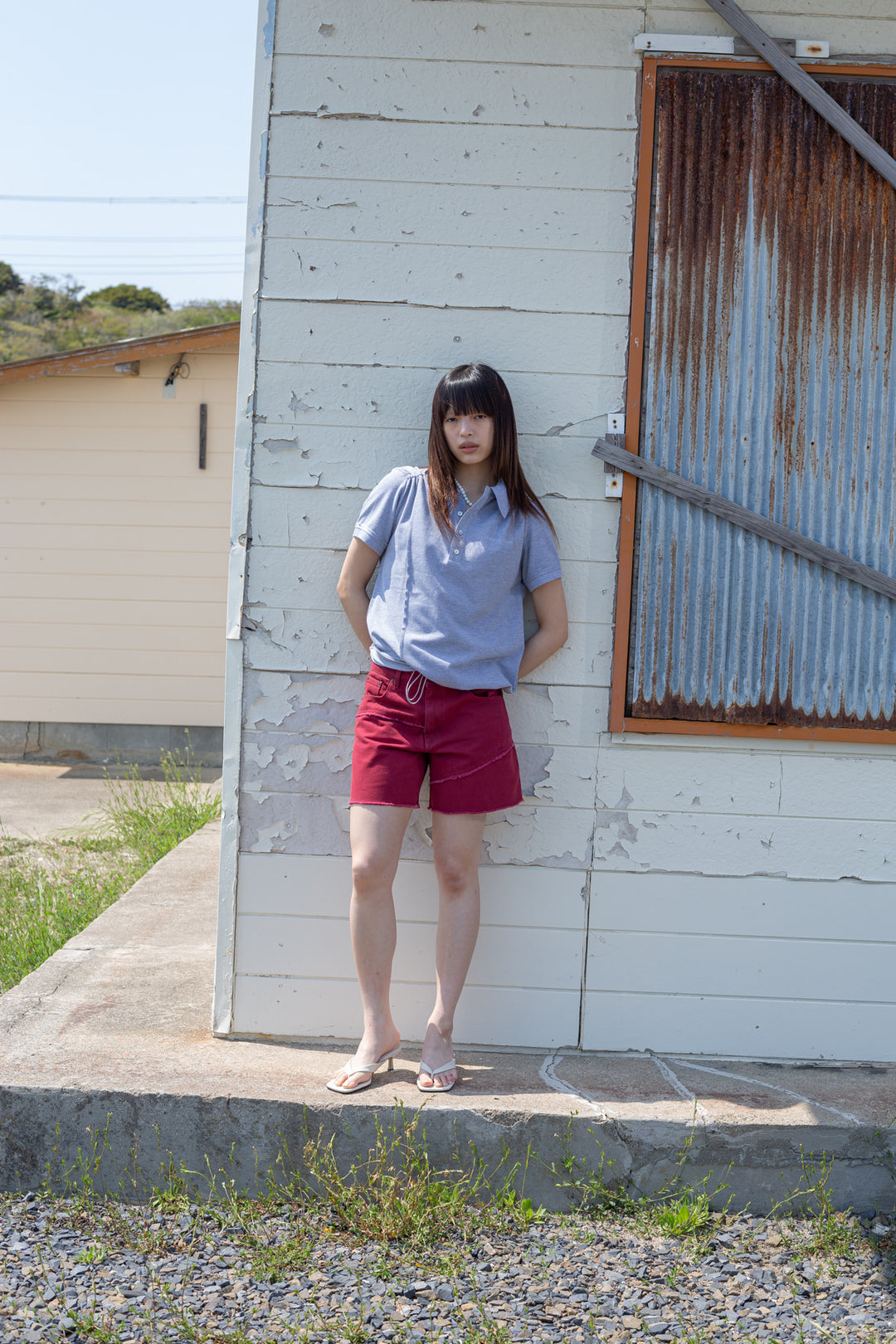 Matin Kim Cut Line Point Denim Shorts — Red