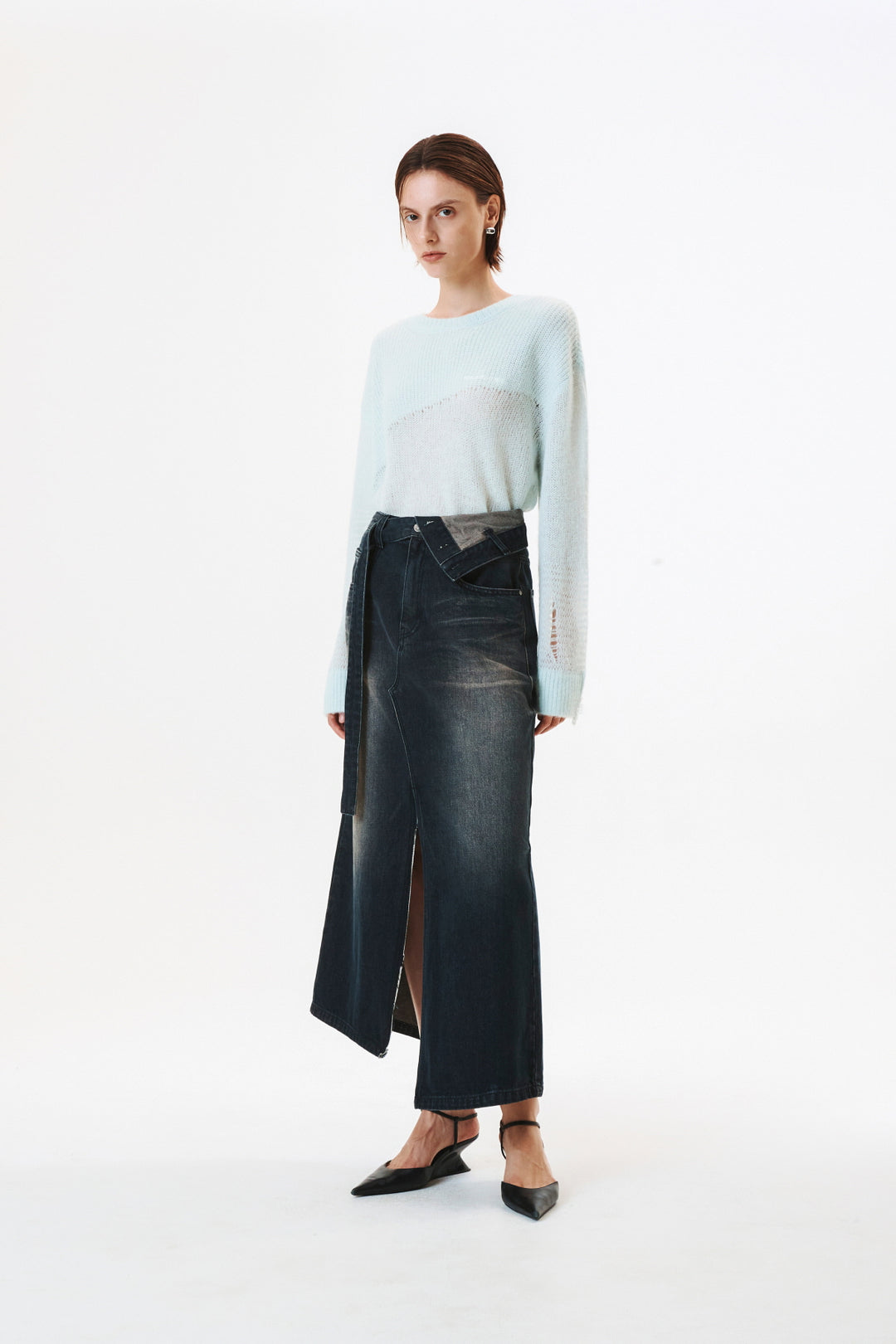 KIMMATIN Foldover Vintage Washed Denim Skirt — Black