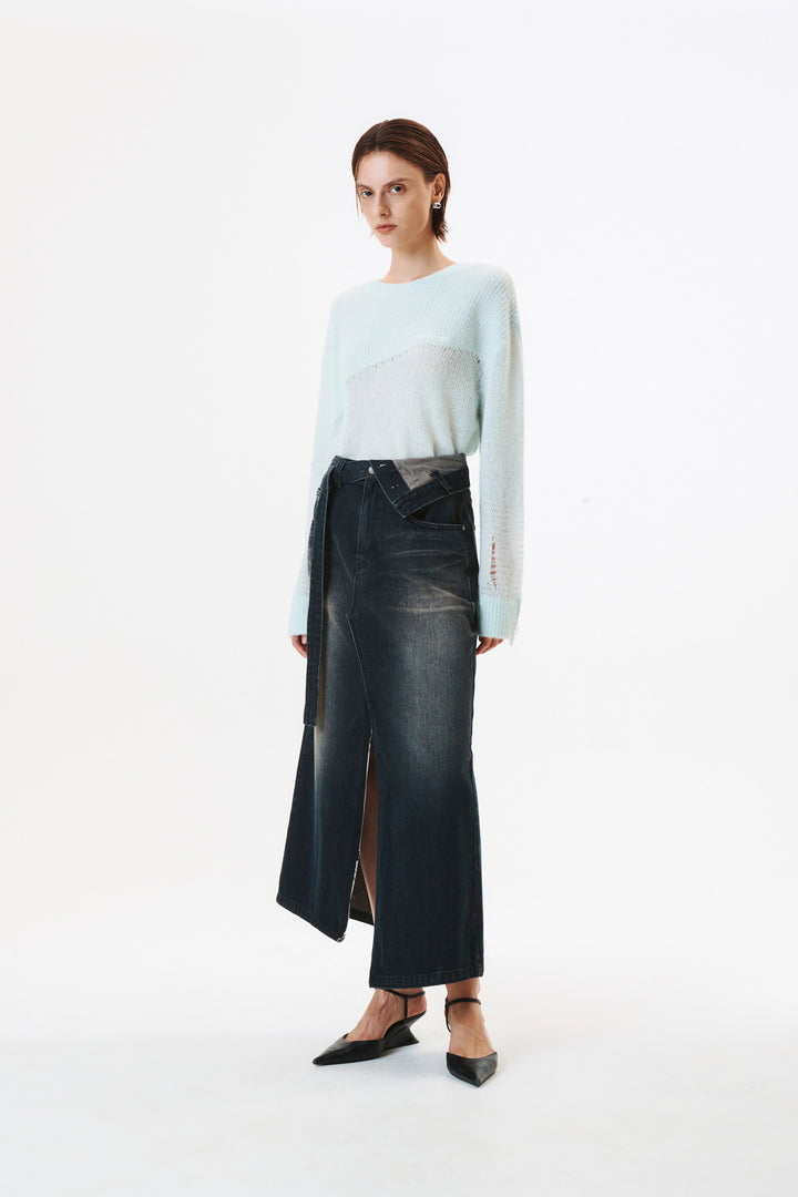 KIMMATIN Foldover Vintage Washed Denim Skirt — Black