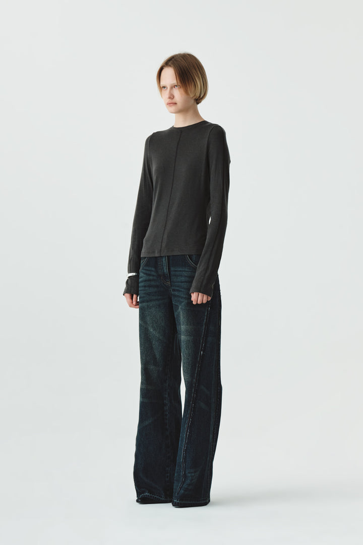 KIMMATIN Washed Cut Out Wide Denim — Navy blue