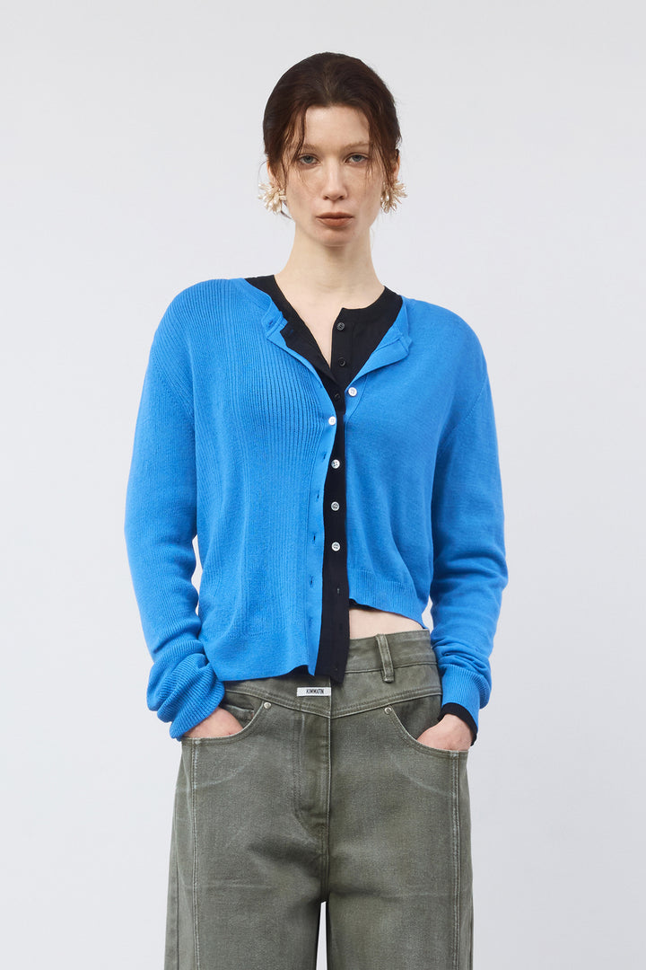 KIMMATIN Unbalance Slim Cardigan — Blue