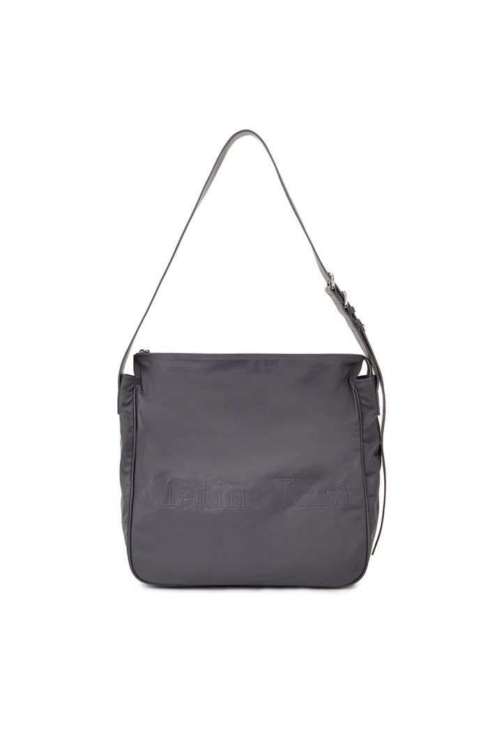 Matin Kim Embossed Logo Nylon Shoulder Bag — Charcoal