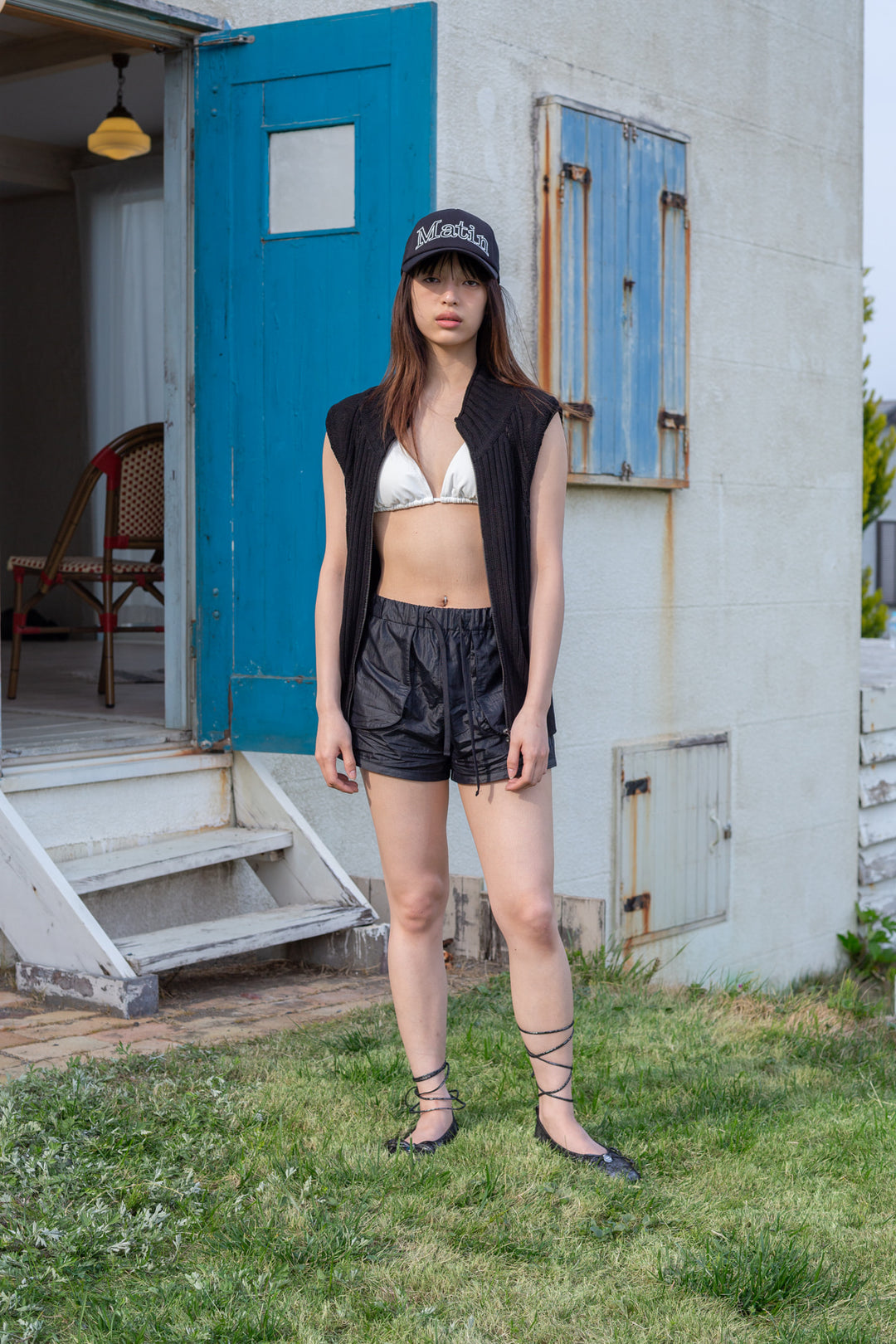 Matin Kim Back Logo High Neck Knit Vest — Black