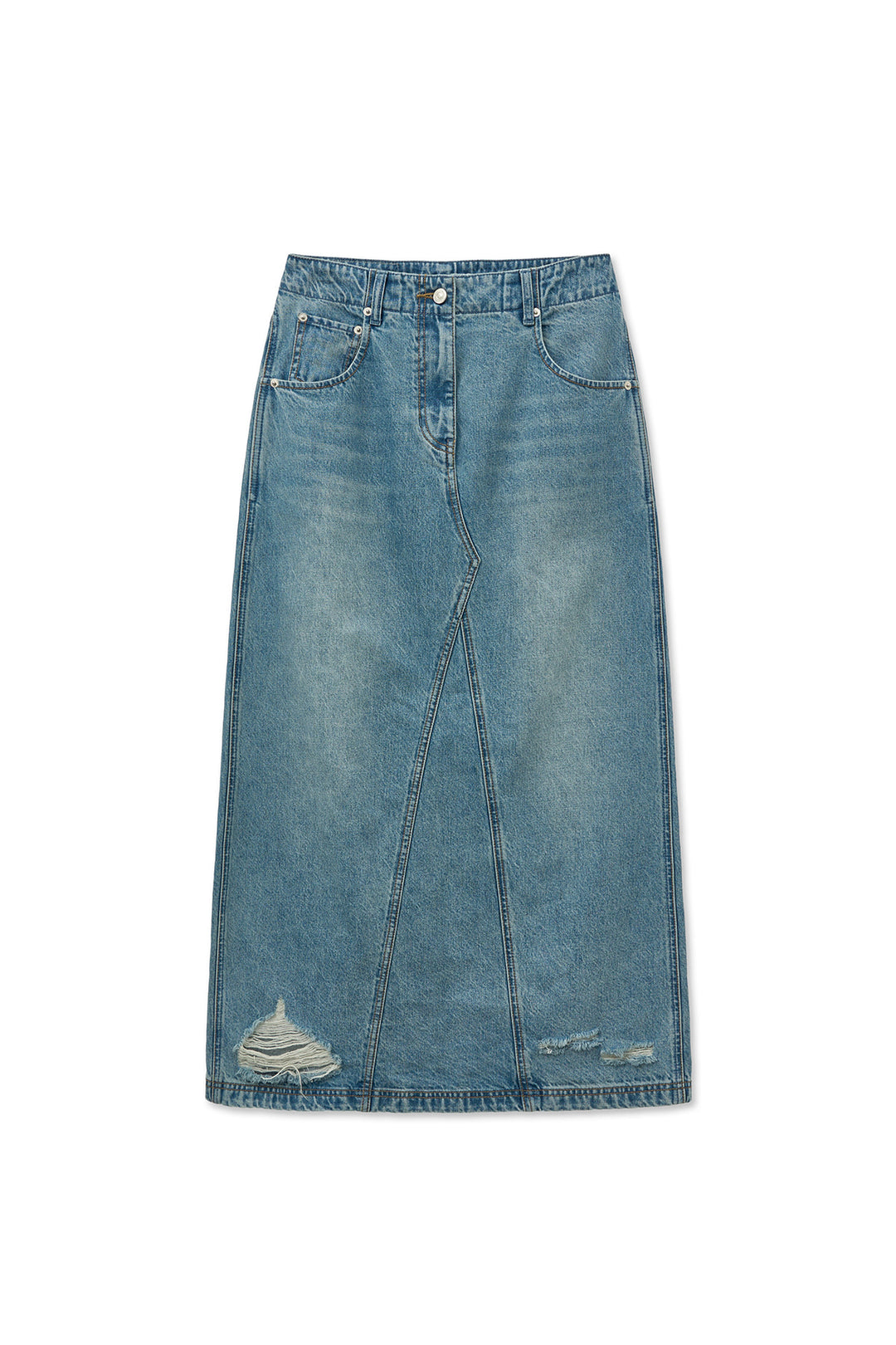 Matin Kim Damage Point Long Denim Skirt — Blue