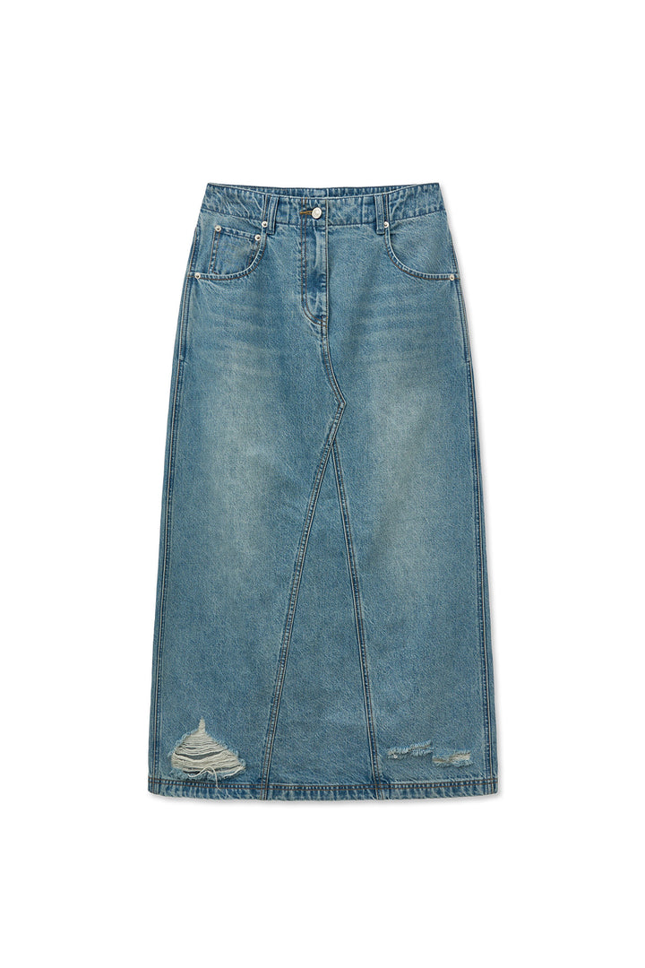 Matin Kim Damage Point Long Denim Skirt — Blue
