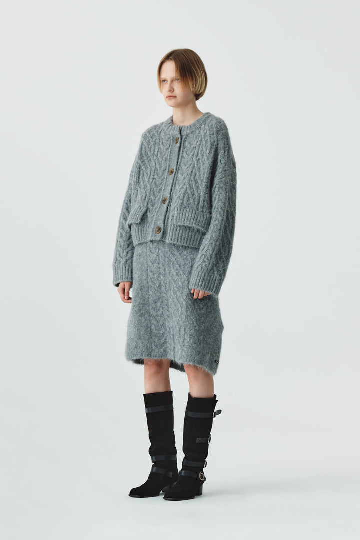 KIMMATIN Wide Cable Midi Knit Skirt — Gray