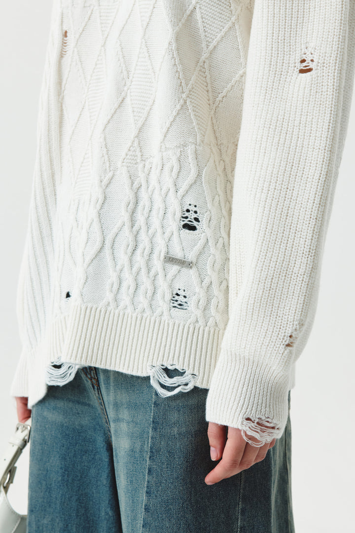 KIMMATIN Cable Mix Damage Knit Pullover — Ivory