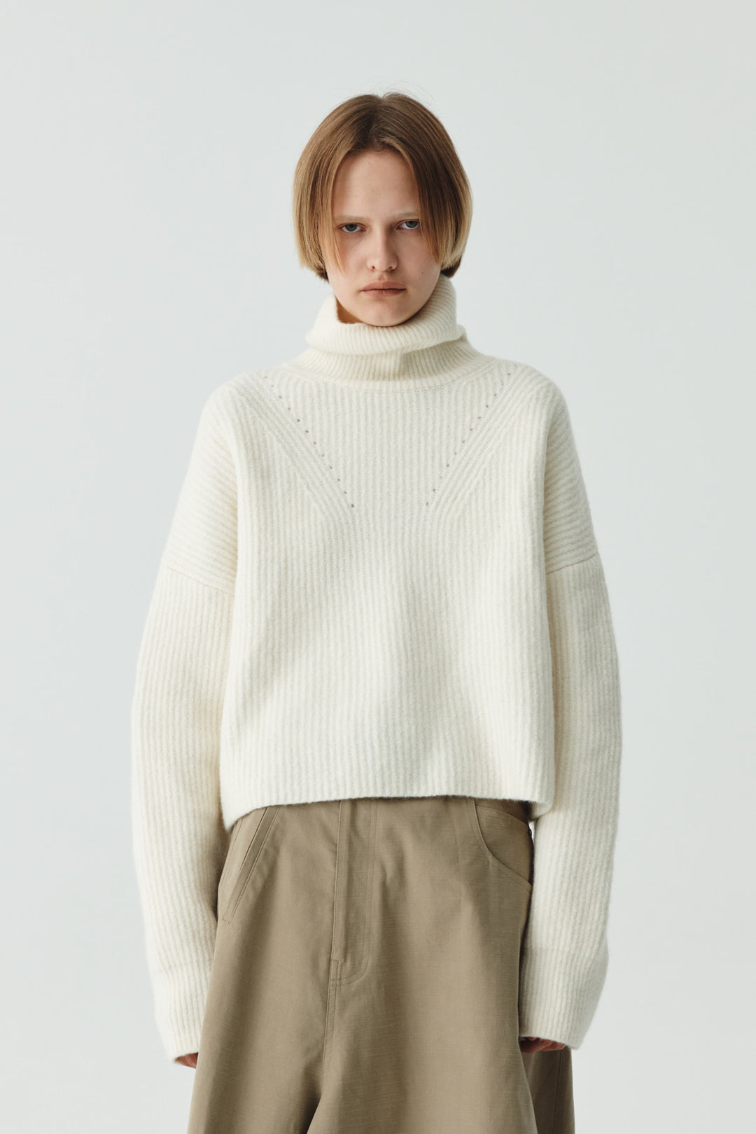 KIMMATIN Wool Blended High Neck Crop Pullover — Ivory