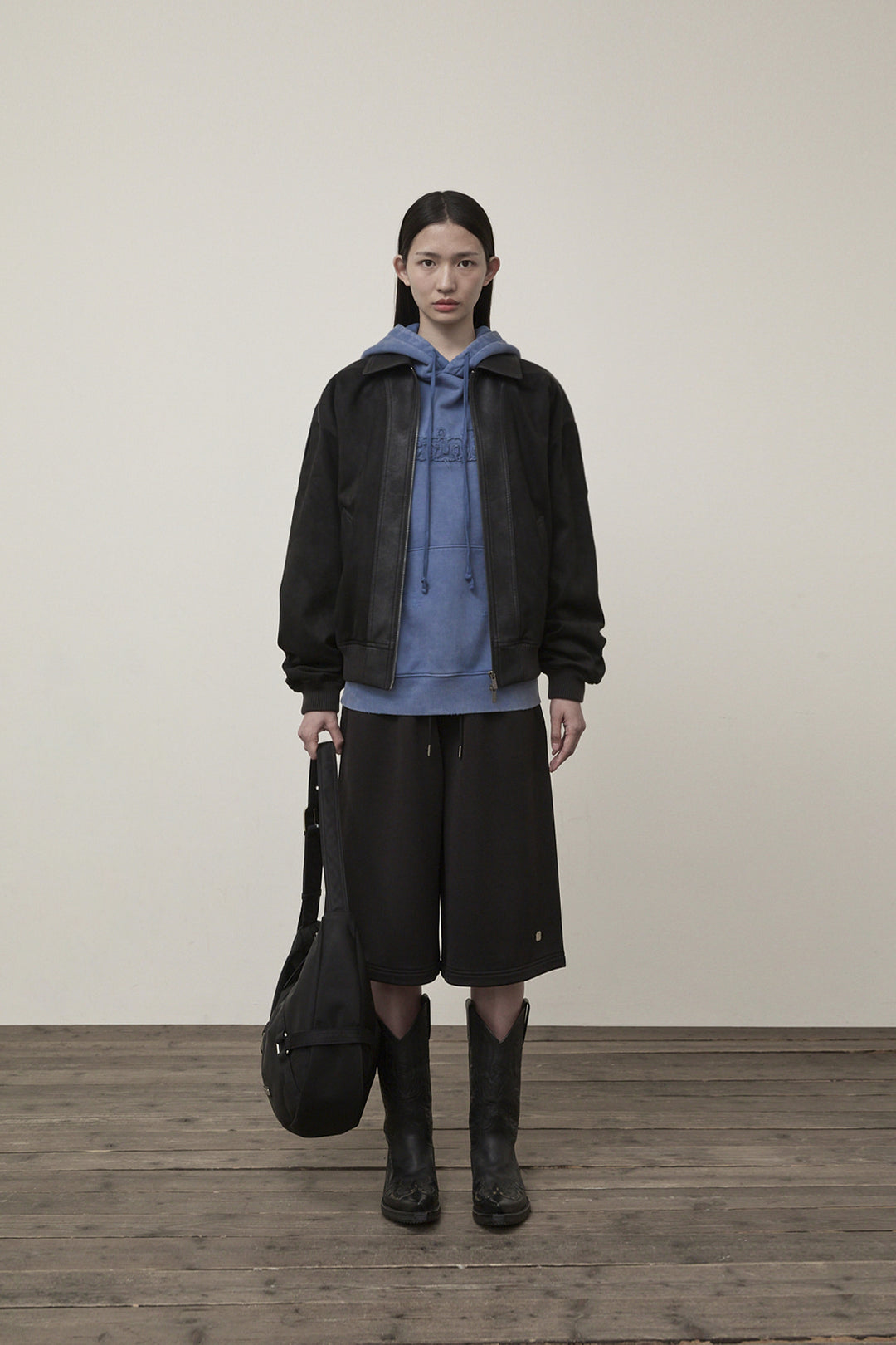 Matin Kim Suede Mix Leather Zip Jumper — Black