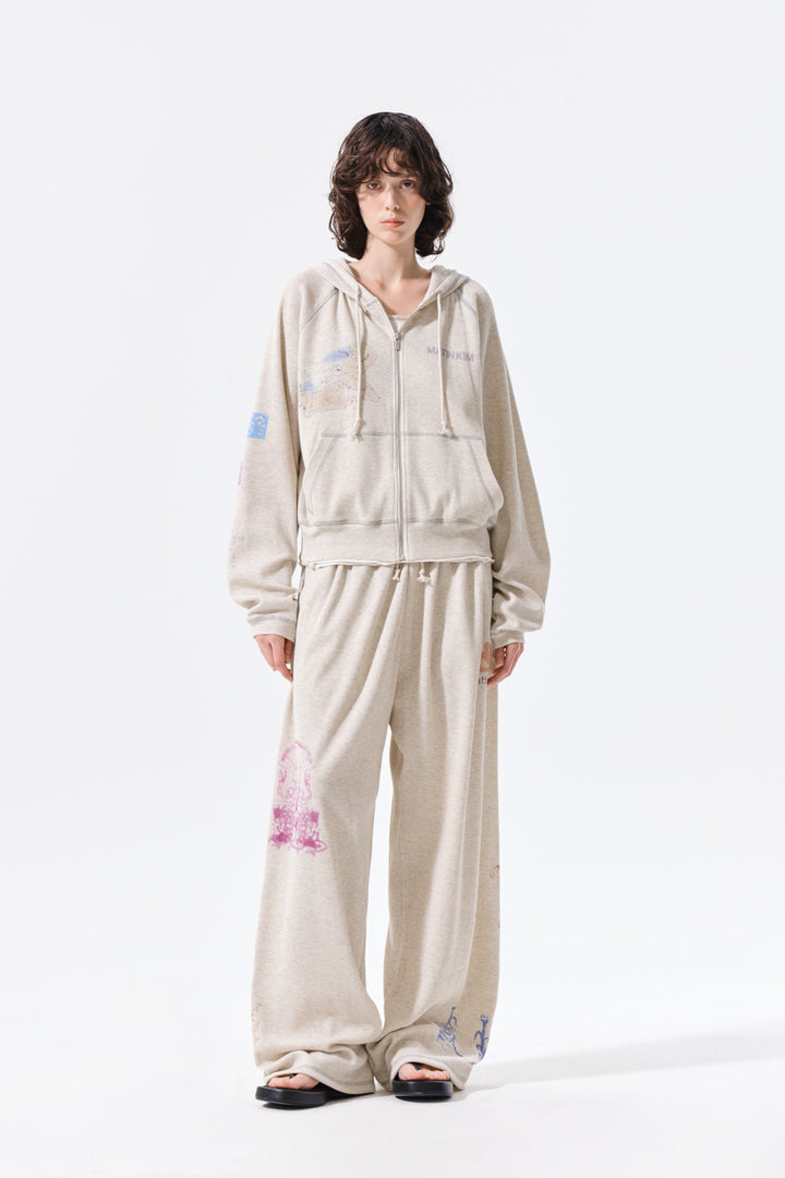 Matin Kim Sketch Graffiti Waffle Zip Hoodie — Beige