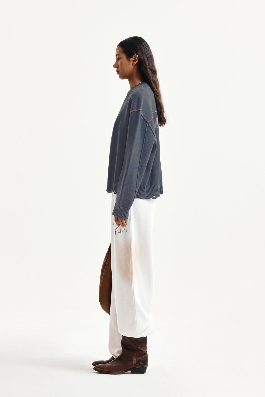 Matin Kim Back Logo Line Point Knit Cardigan — Blue