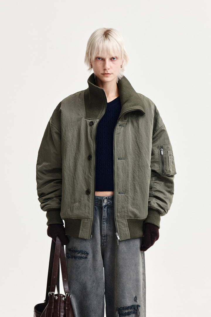 Matin Kim High Neck Button Point Zip Up Jumper — Khaki