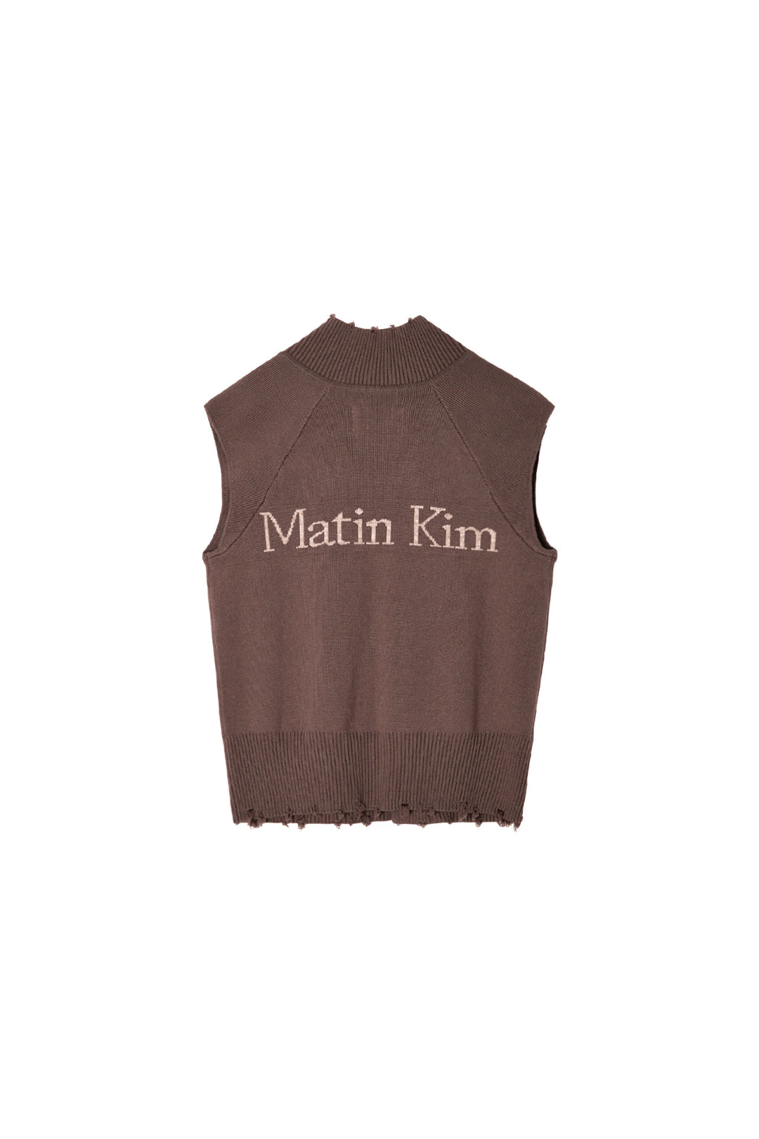 Matin Kim High Neck Logo Knit Zip Vest — Brown