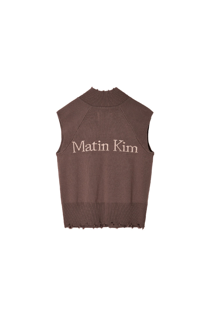 Matin Kim High Neck Logo Knit Zip Vest — Brown