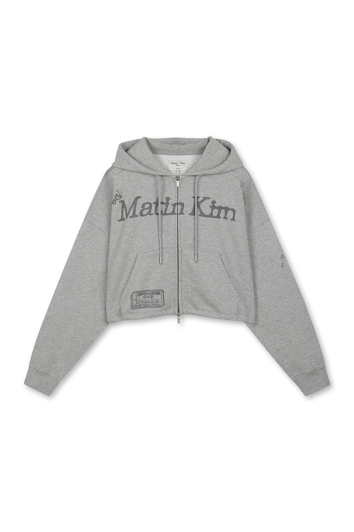 Matin Kim Graffiti Artwork Crop Hoody Zip Up — Gray