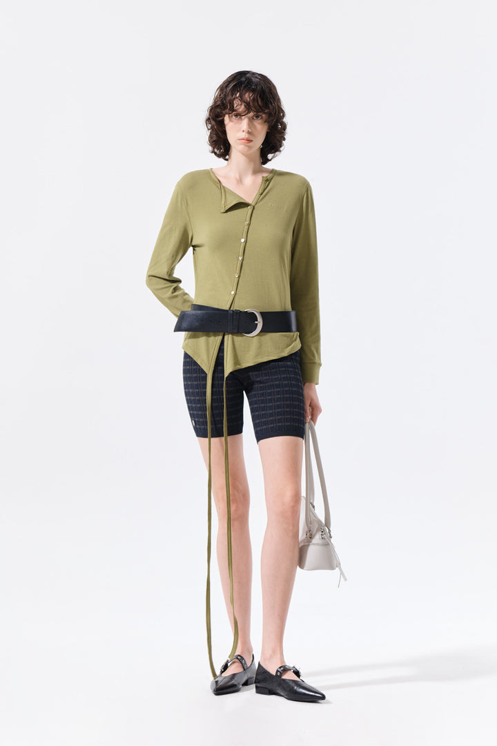 Matin Kim Asymmetric Button Closure Top — Olive
