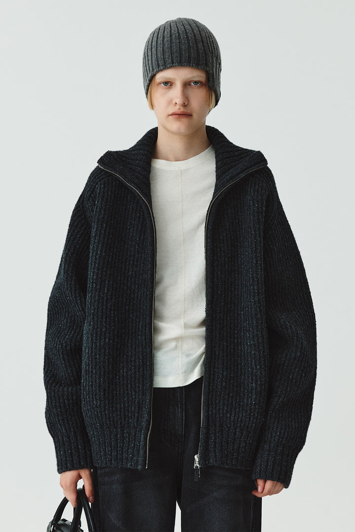 KIMMATIN High Neck Zip Up Cardigan — Charcoal