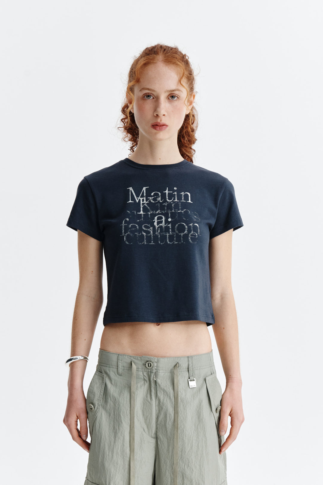 Matin Kim Dusty Typo Graphic Crop Top — Charcoal