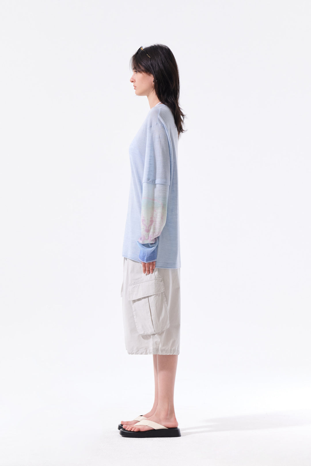 Matin Kim Sleeve Print Knit Pullover — Light Blue