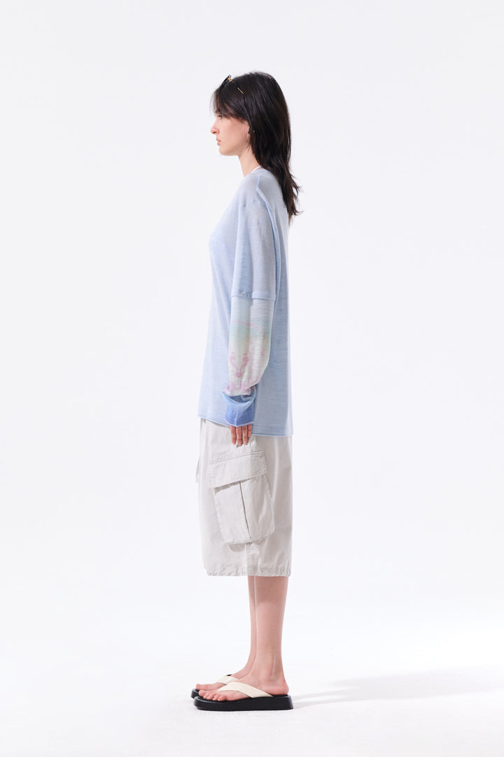 Matin Kim Sleeve Print Knit Pullover — Light Blue
