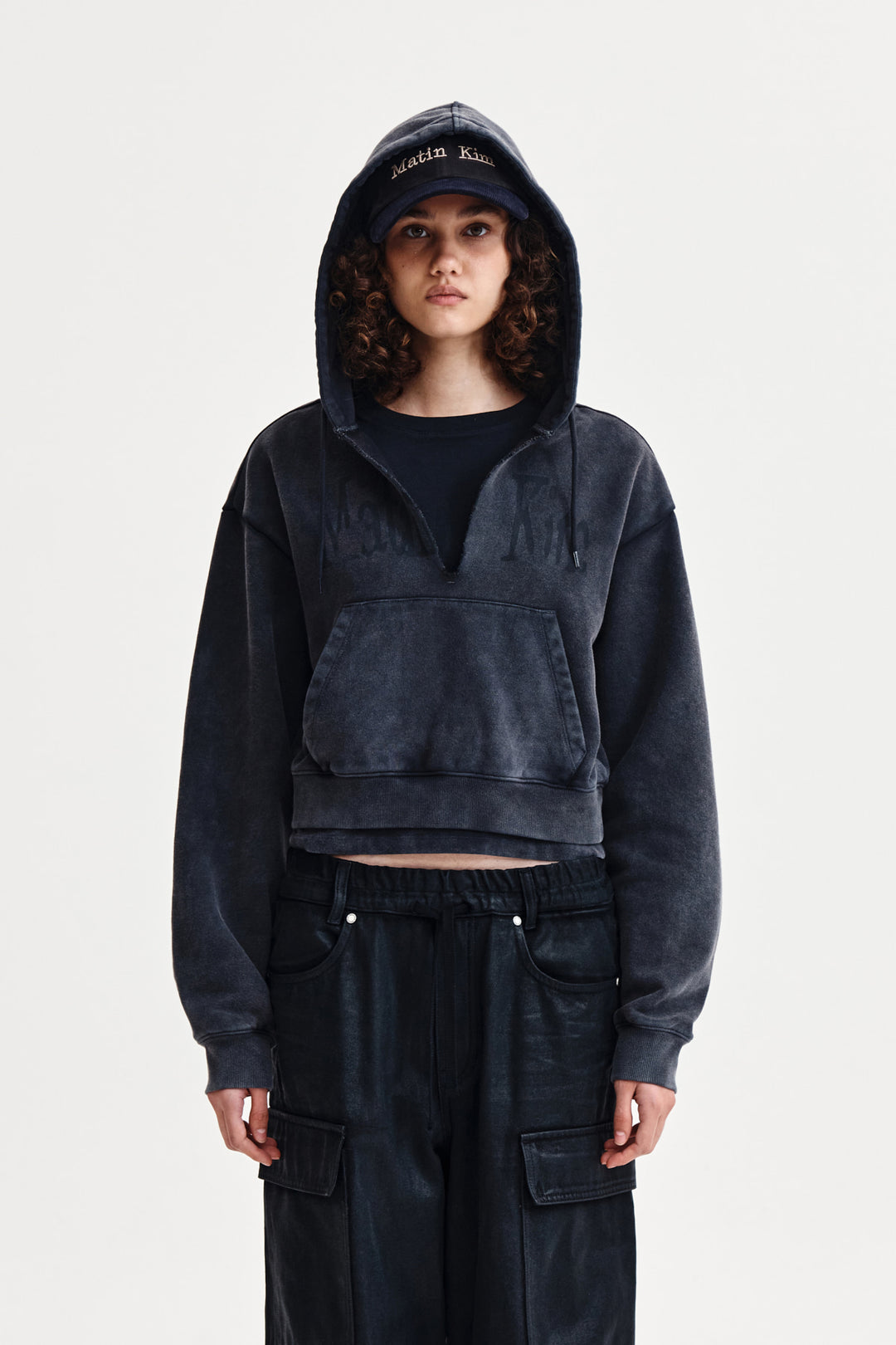 Matin Kim Washed Layered Crop Hoody — Charcoal