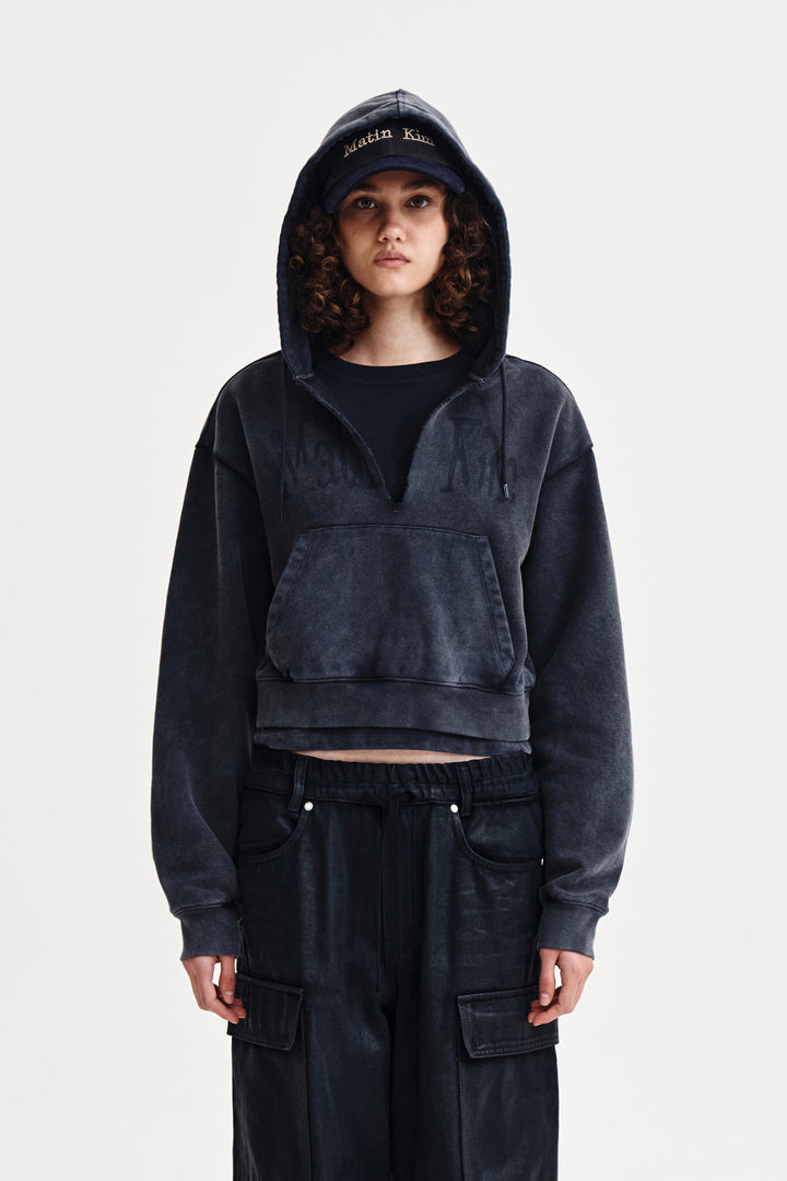 Matin Kim Washed Layered Crop Hoody — Charcoal