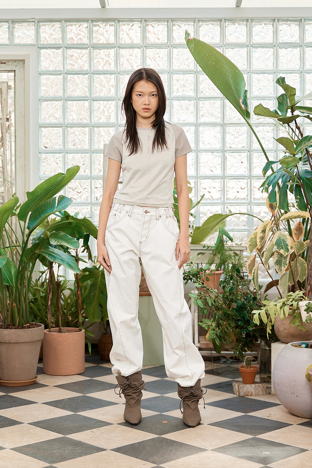 Matin Kim Pintuck Layered Slim Crop Top — Khaki