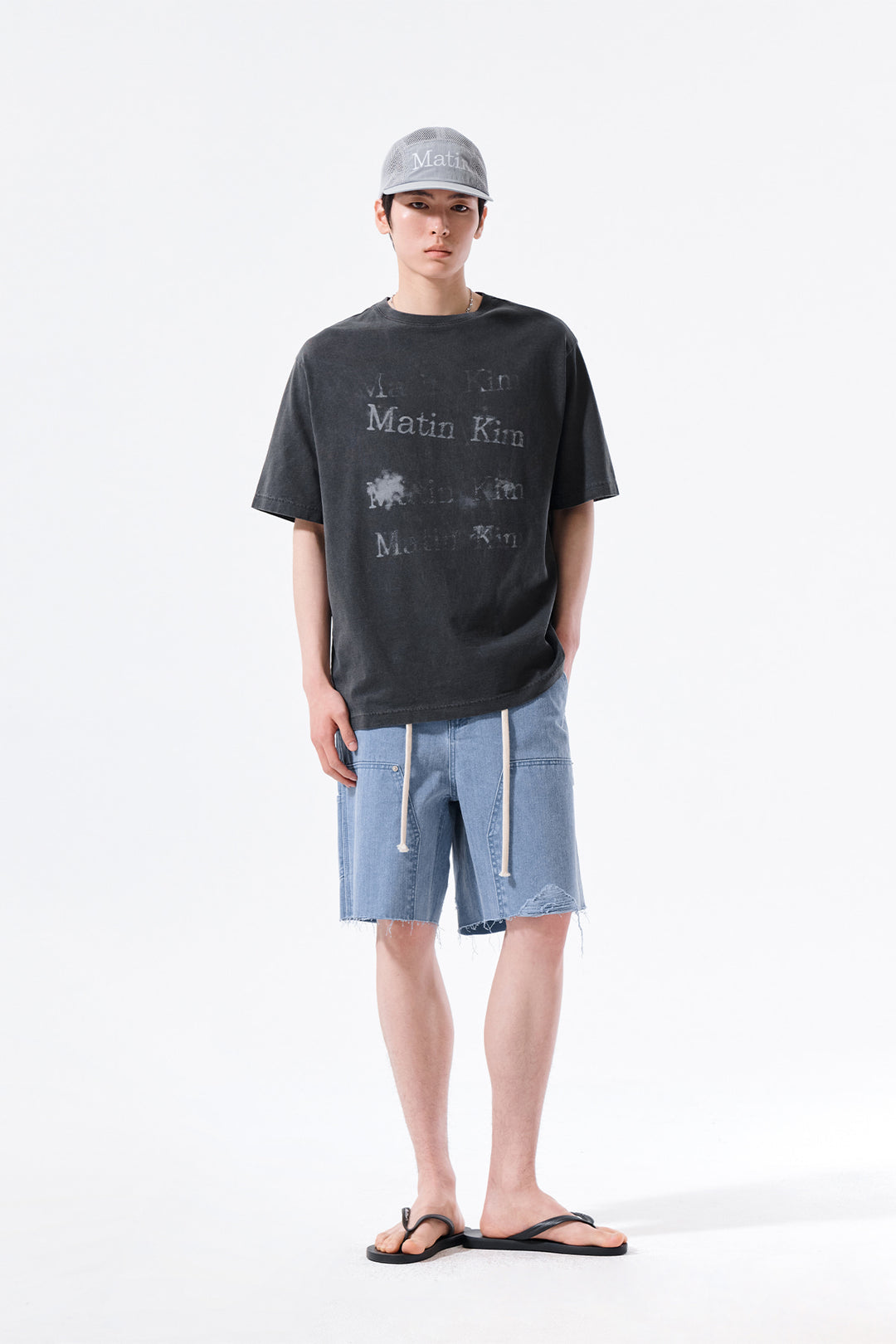 Matin Kim Herringbone Raw Cut Denim Shorts — Light Blue