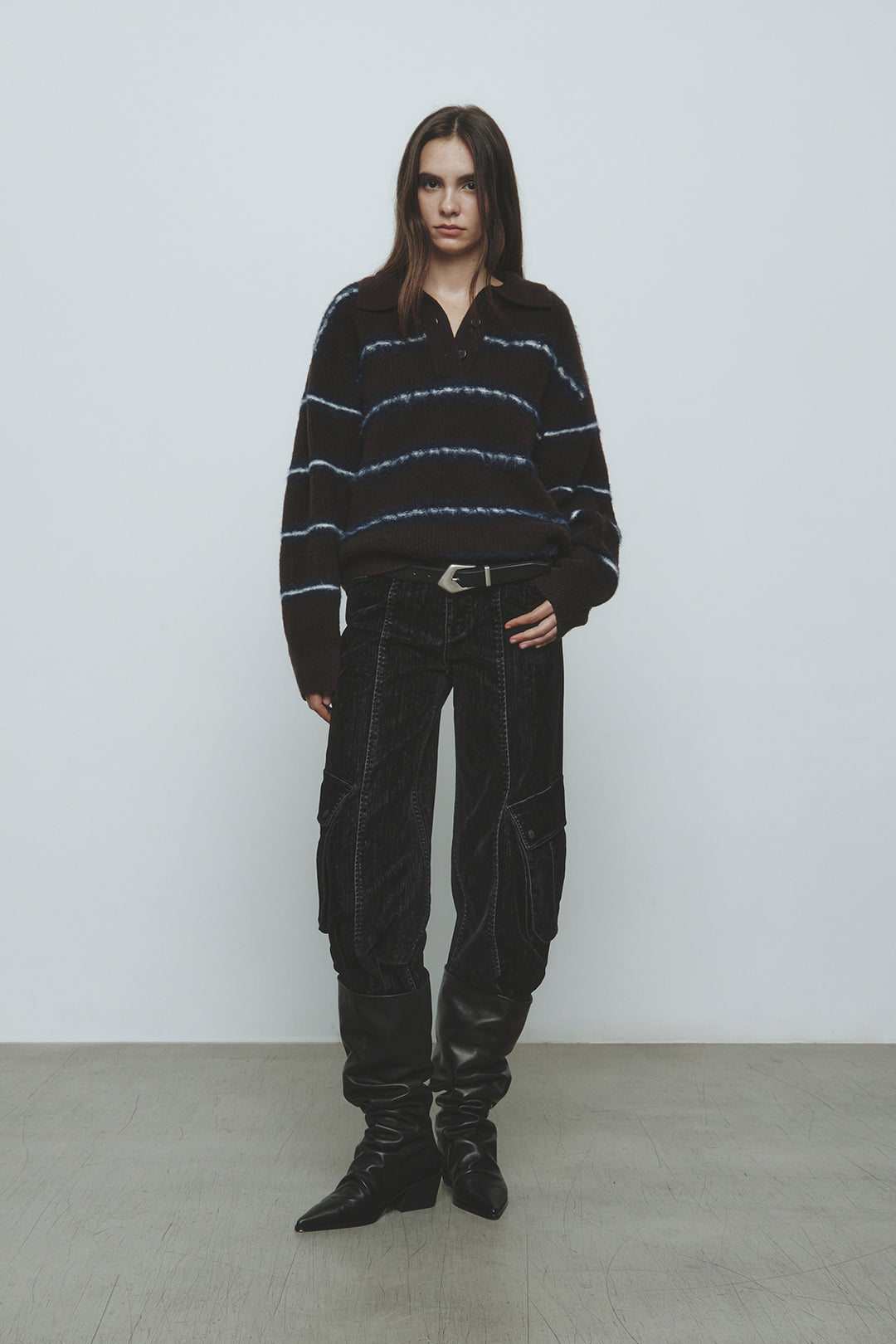 KIMMATIN Hairy Stripe Piqué Knit Top — Brown