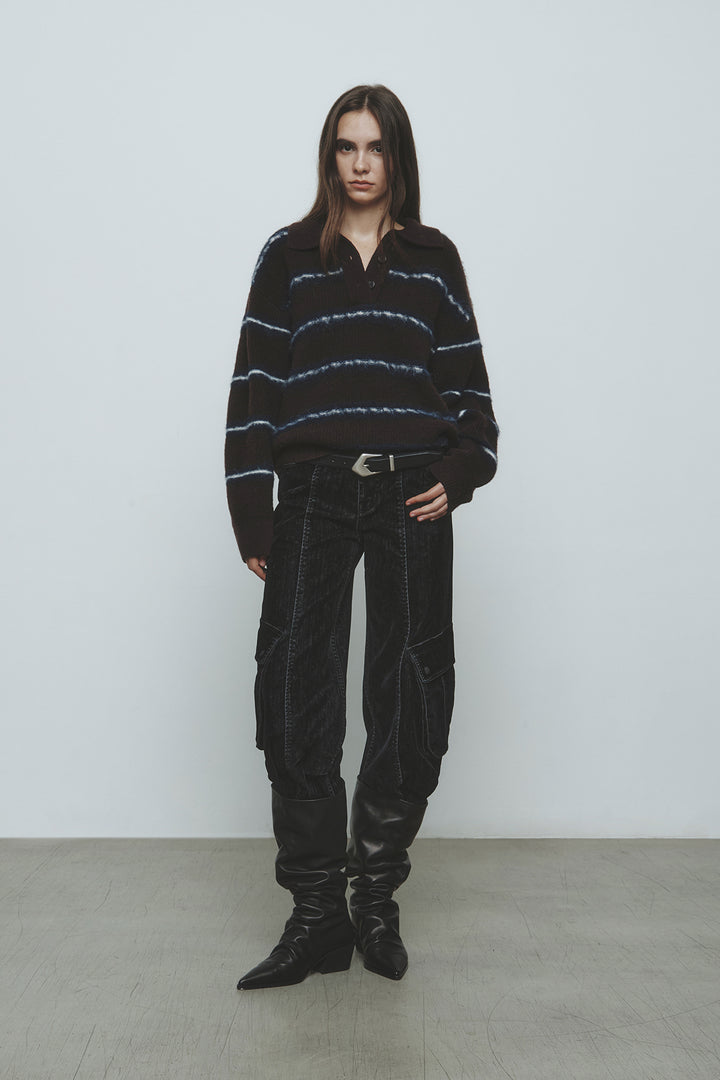 KIMMATIN Hairy Stripe Piqué Knit Top — Brown