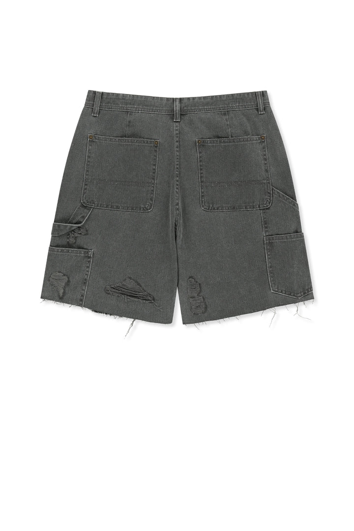 Matin Kim Herringbone Raw Cut Denim Shorts — Gray