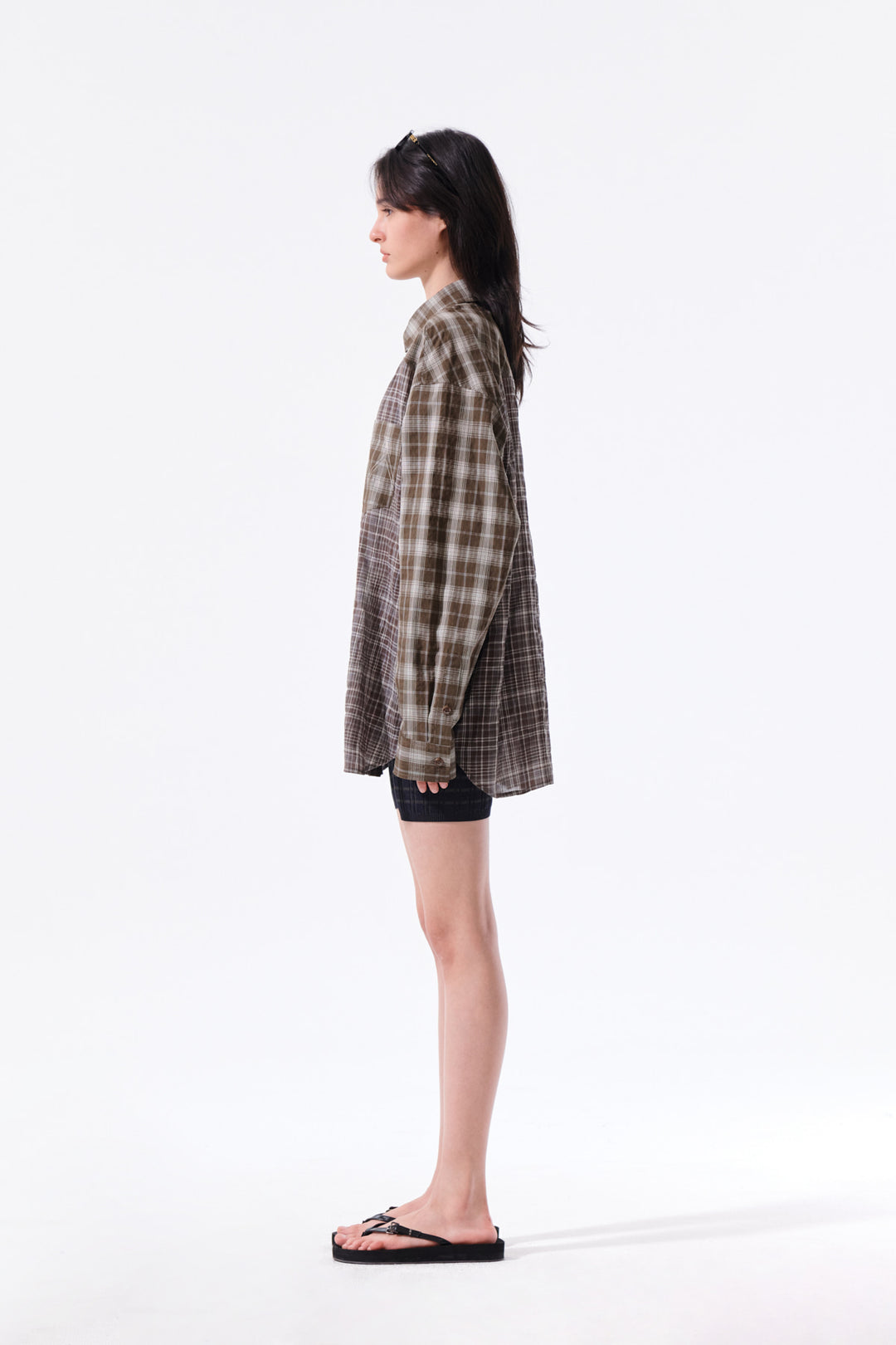 Matin Kim Mixed Check Overfit Shirt — Brown