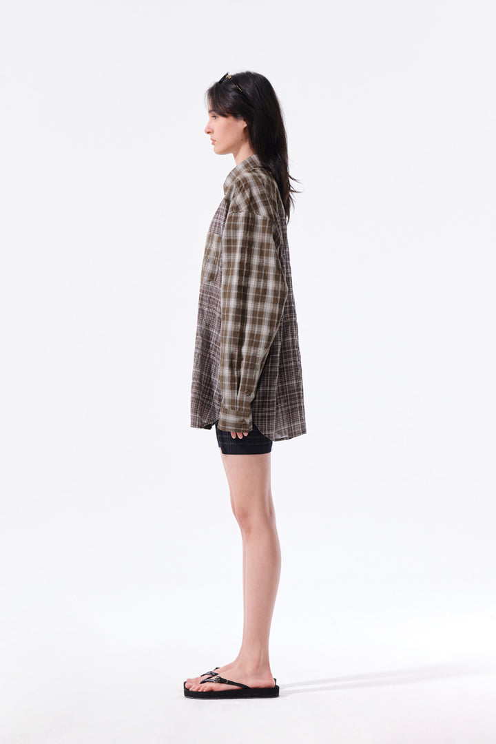 Matin Kim Mixed Check Overfit Shirt — Brown