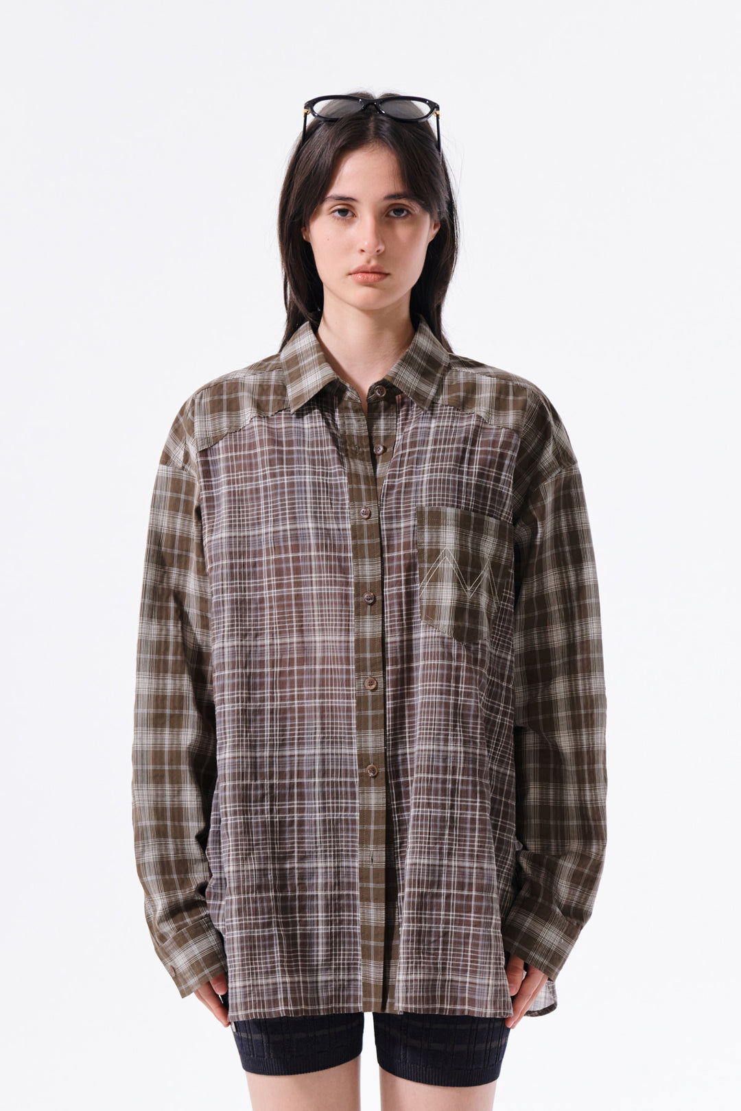 Matin Kim Mixed Check Overfit Shirt — Brown