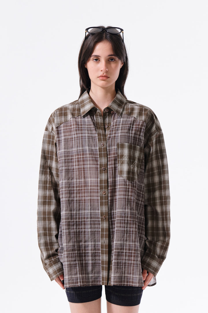 Matin Kim Mixed Check Overfit Shirt — Brown