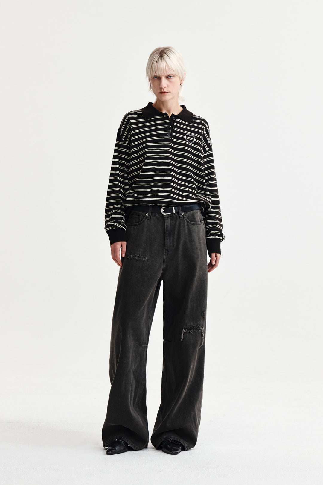 Matin Kim Heart Logo Collar Striped Pullover — Brown