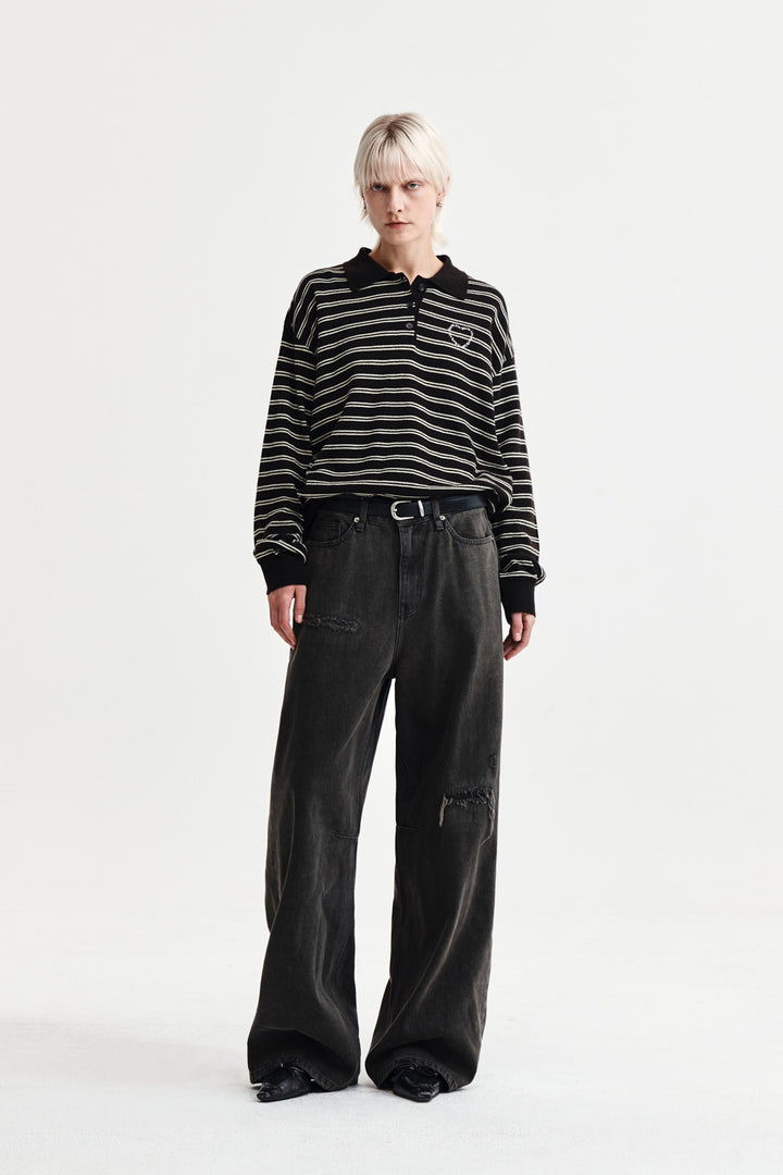 Matin Kim Heart Logo Collar Striped Pullover — Brown
