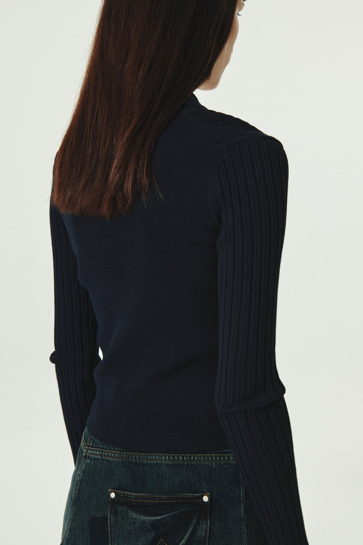 KIMMATIN Collar Point Ribbed Button Knit Cardigan — Navy blue