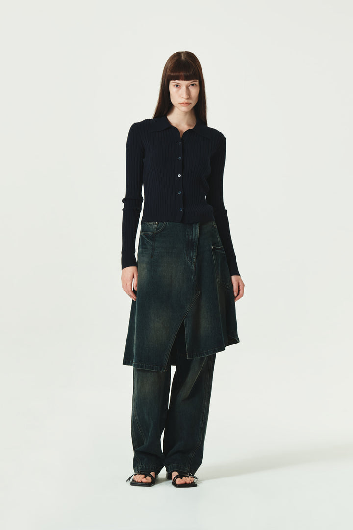 KIMMATIN Collar Point Ribbed Button Knit Cardigan — Navy blue